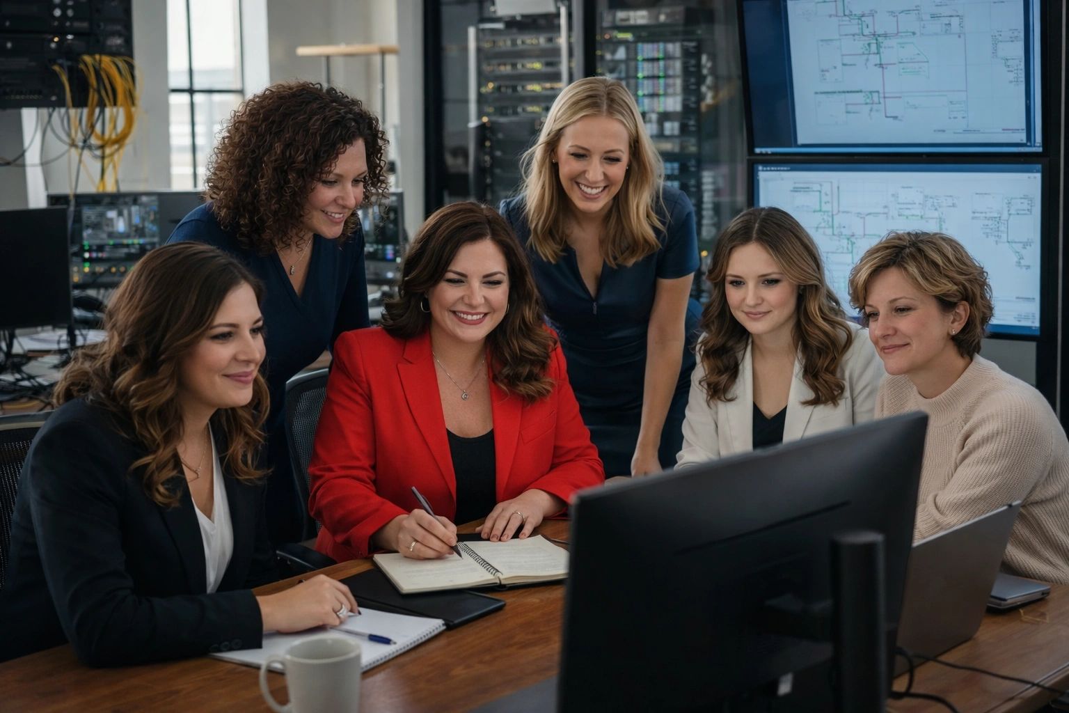 A group collaborating around a computer