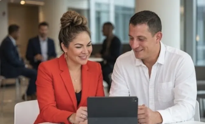 Joanna in a red blazer collaborating over a tablet