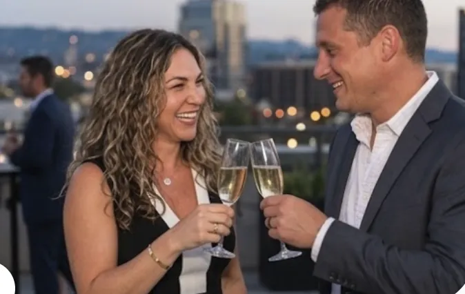 Joanna sharing a toast on a rooftop